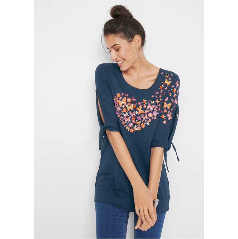 bonprix Tričko s prestrihmi na rukávoch, polovičný rukáv, farba modrá 49306693