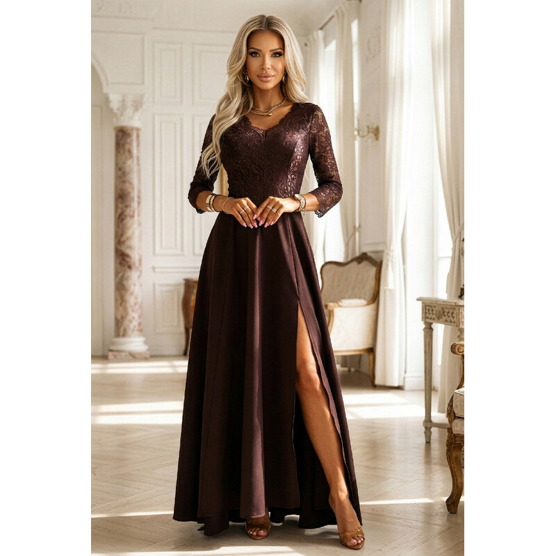 miadresses.sk Hnedé spoločenské šaty s čipkou 66882887