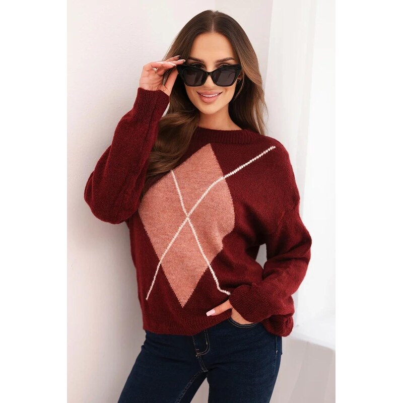 MladaModa Sveter s geometrickým vzorom model A3230 bordový 66786690