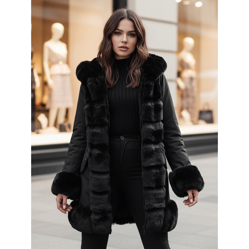 BASIC Čierna dámska bunda s kožúškom FURRWINT TY4772z 66801160