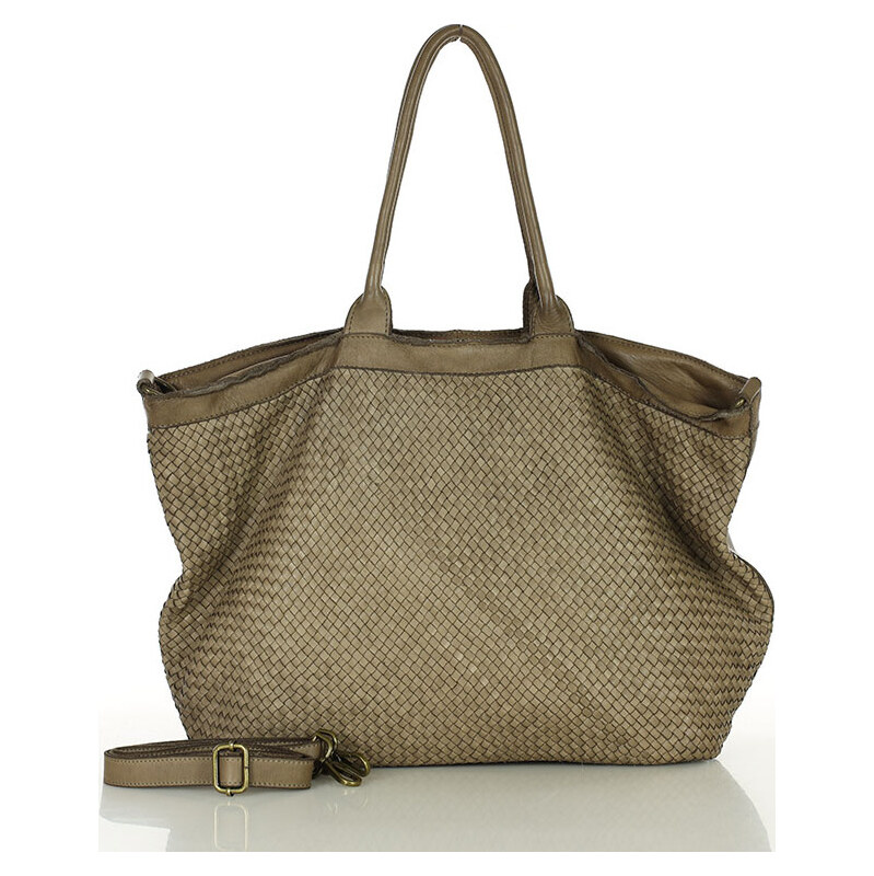 MARCO MAZZINI Béžová kožená shopper kabelka s pletenou prednou časťou 66801196
