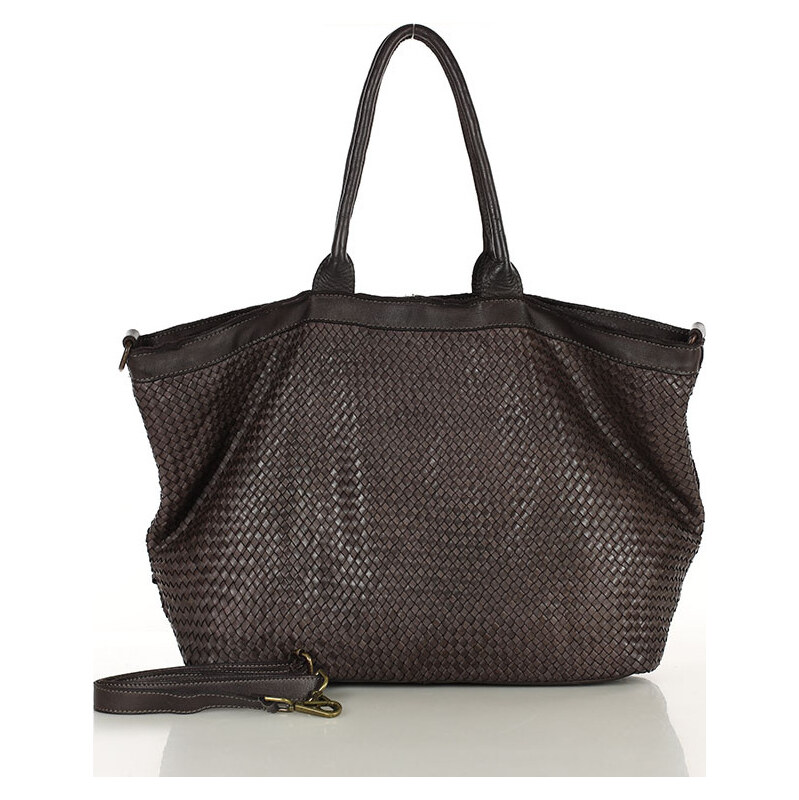 MARCO MAZZINI Tmavohnedá kožená shopper kabelka s pletenou prednou 66801197