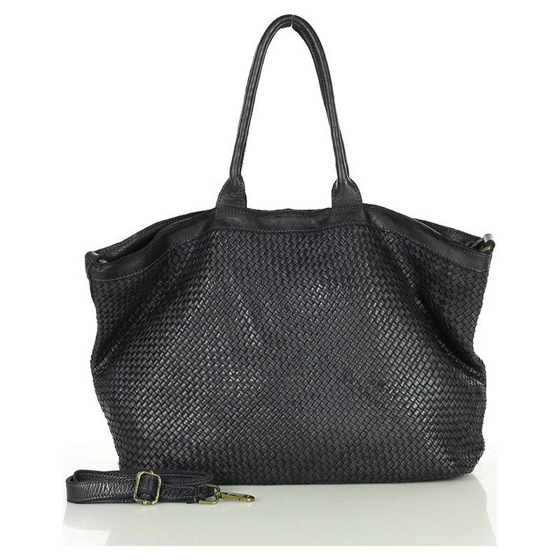 MARCO MAZZINI Čierna kožená shopper kabelka s pletenou prednou časťou 66801198
