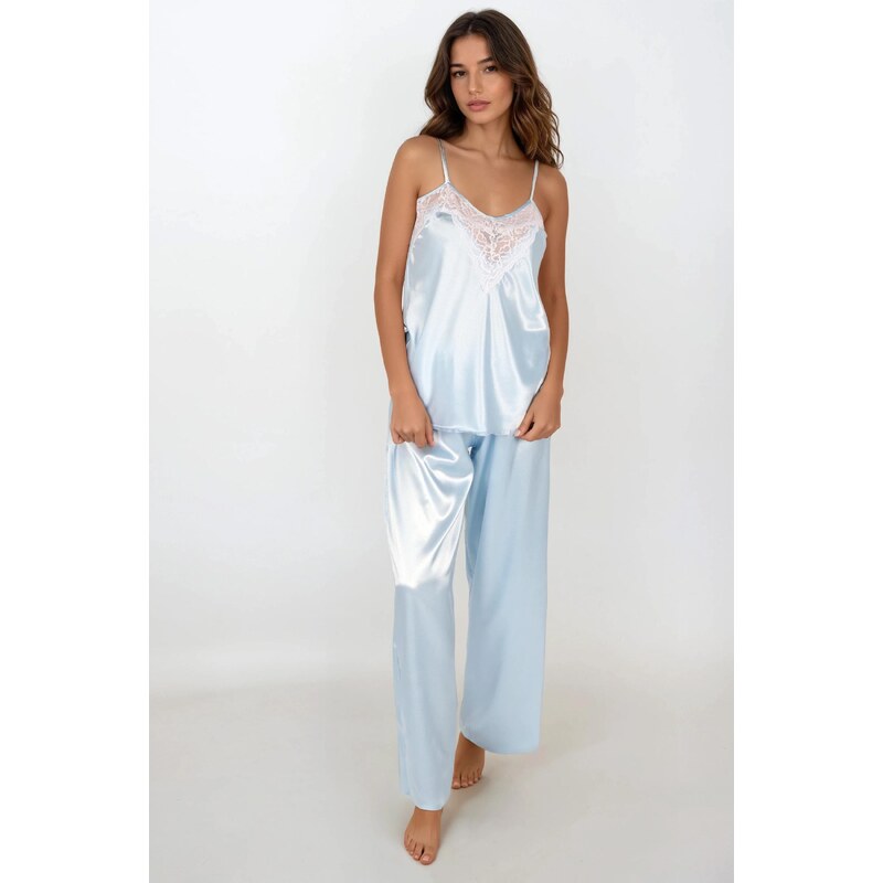 Dkaren Luxusný dlhý saténový komplet Melanie Baby Blue, Farba 27699386