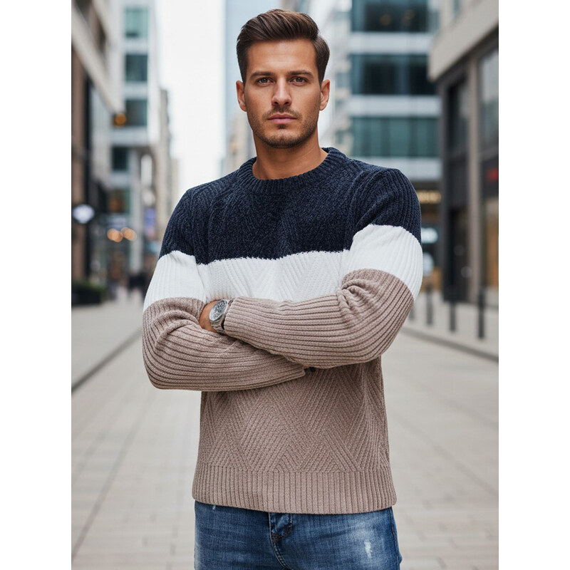 BASIC Modro-béžový pánsky sveter s okrúhlym výstrihom WX2321 66805982