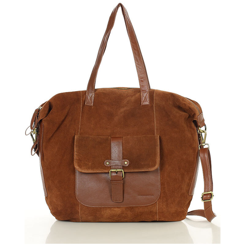 MARCO MAZZINI Veľká semišová kožená taška s vreckom | camel vs126bb 66820307