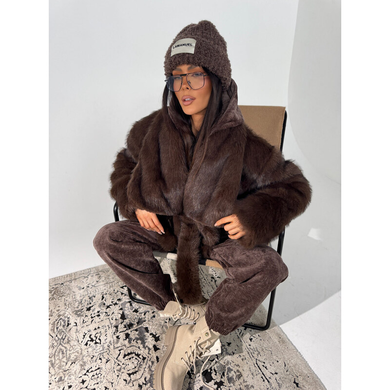LaManuel Dámsky čokoládový kožuch s opaskom FUZZY 66840396