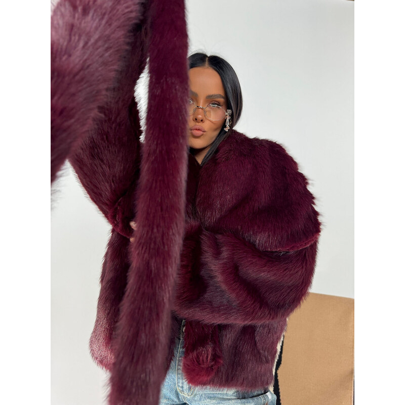 LaManuel Dámsky bordový kožuch s opaskom FUZZY 66840395