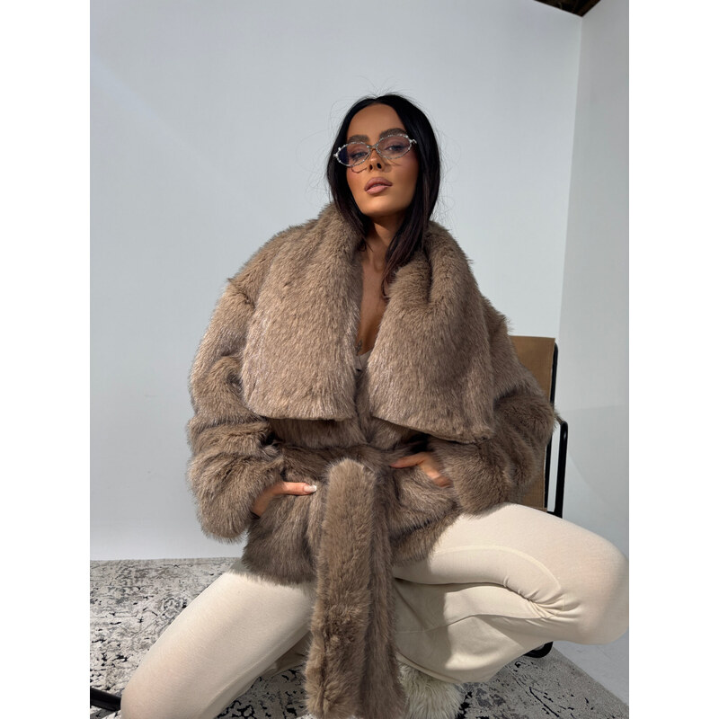 LaManuel Dámsky béžový kožuch s opaskom FUZZY 66840397