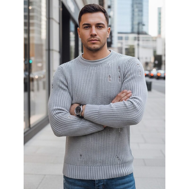 Buďchlap Svetlošedý pletený sveter s módnymi dierami 36918223