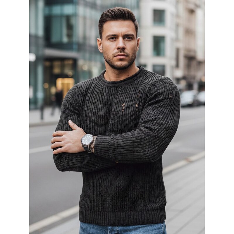 Buďchlap Tmavošedý pletený sveter s módnymi dierami 36918224