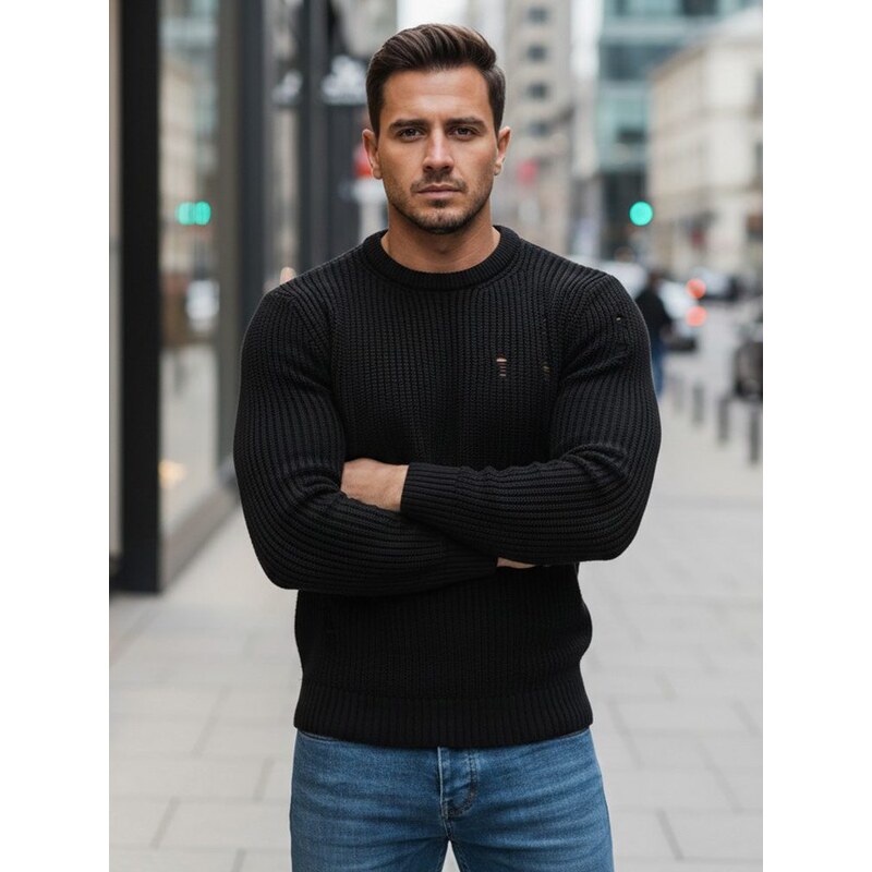 Buďchlap Čierny pletený sveter s módnymi dierami 36918225