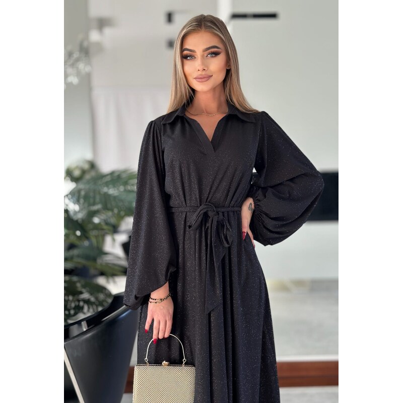 (veľ. 48 a 50) Trblietavé šaty s košeľovým golierom čierne 66862926