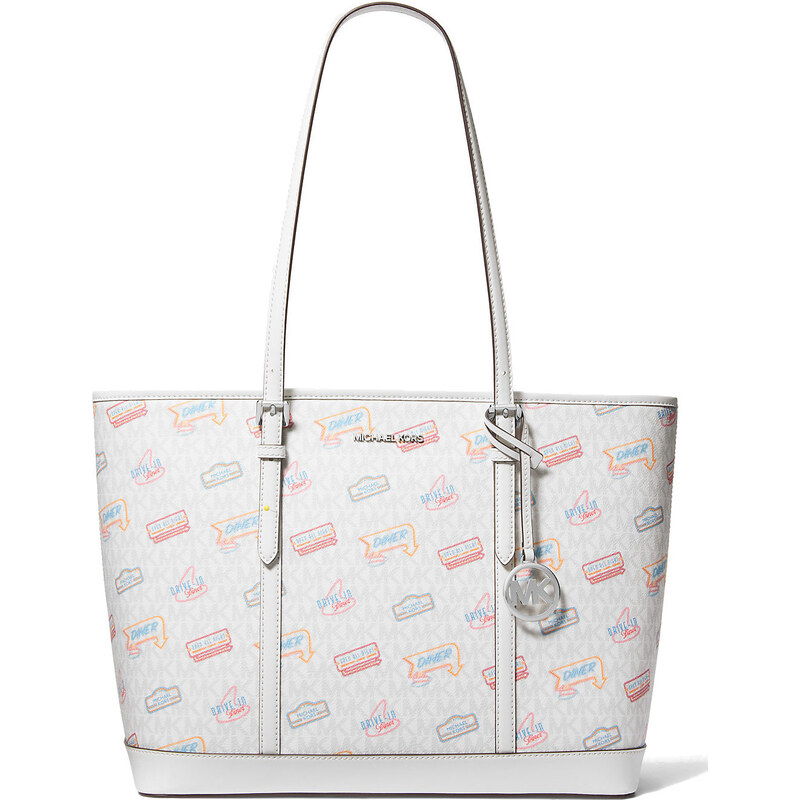 Michael Kors Jet Set Large Printed Signature Logo Tote Bag Optic White 66874893
