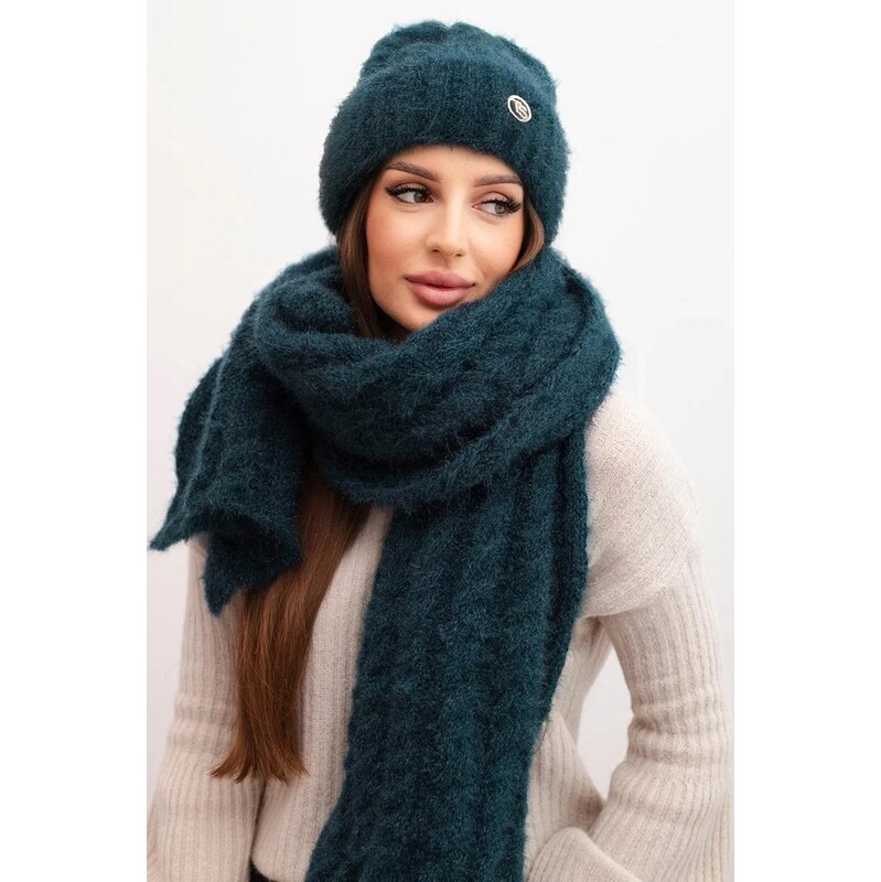 MladaModa Komplet - dámska čiapka + šál CZ03 tmavý tyrkysový 66882745