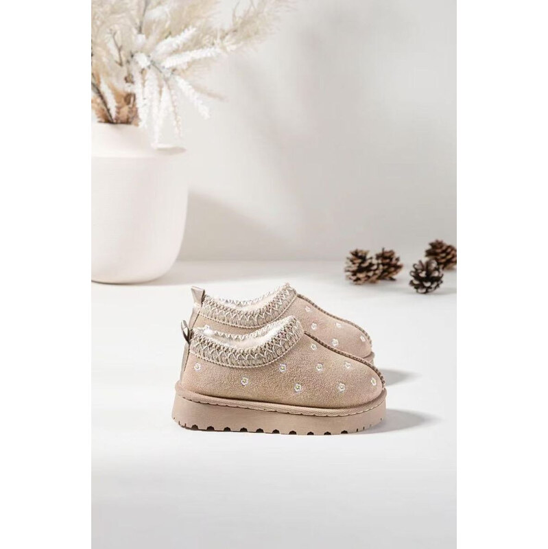 Kesi Detské snežnice s kvetmi, zateplené kožušinou Palina - béžové 66884504