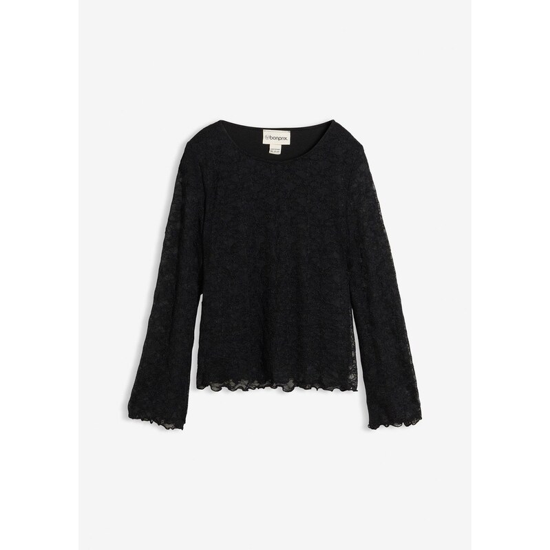 bonprix Tričko s dlhým rukávom z čipky, farba čierna 66889575