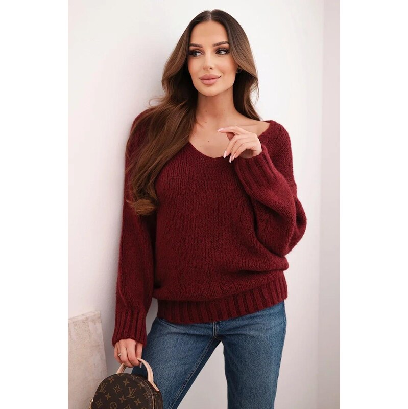 MladaModa Sveter so srdiečkovým výstrihom model IT113 bordový 66891529