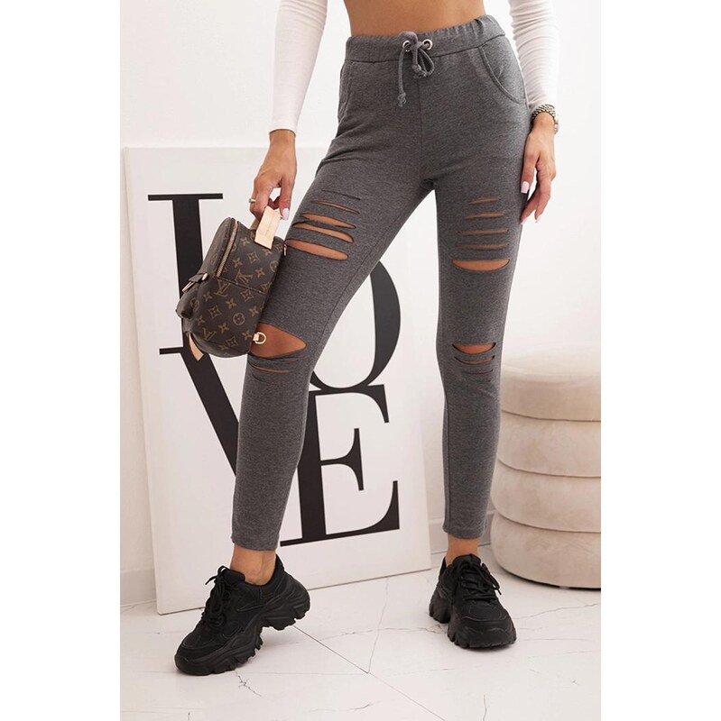 MladaModa Bavlnené nohavice v roztrhanom štýle a gumkou v páse model 66891525