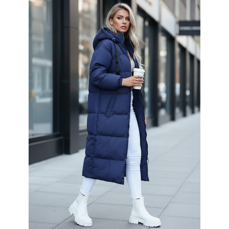 BASIC Tmavomodrý dlhý prešívaný kabát COZYSEASON TY4048 47888203