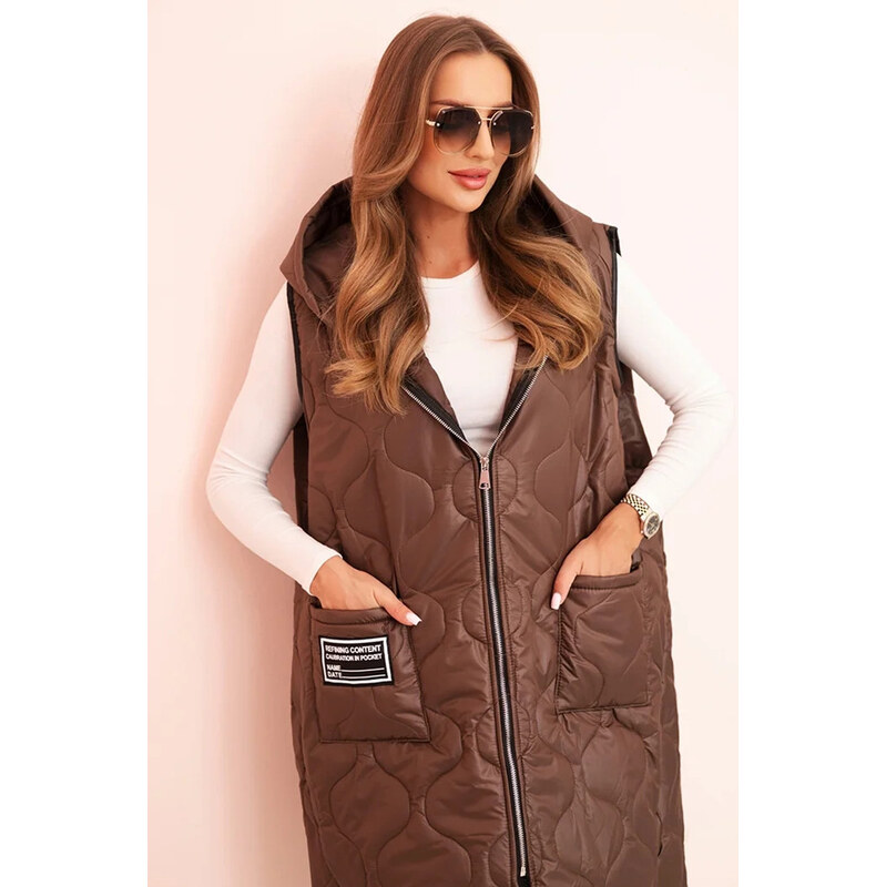 K-Fashion Dámske Plus veľkosť prešívaná vesta s kapucňou na zips Brown 66892236