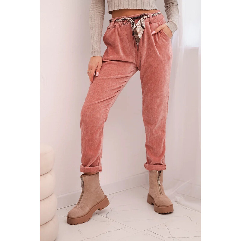 K-Fashion Dámske viskózové nohavice s opaskom na šatku tmavoružové 67261426