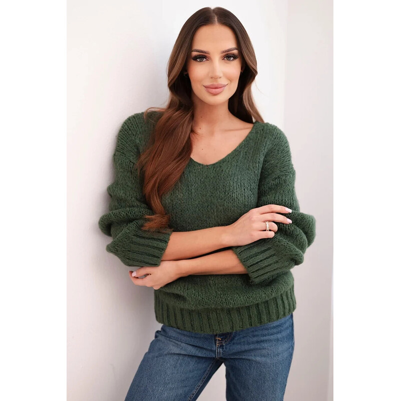 K-Fashion Dámsky sveter s výstrihom do V a vlnou v khaki farbe 66892395