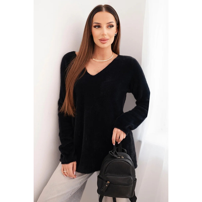 K-Fashion Dámsky vlnený sveter s výstrihom do V čierny 67261607