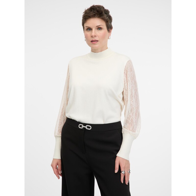 Orsay Krémový sveter s čipkovanými rukávmi 66903527