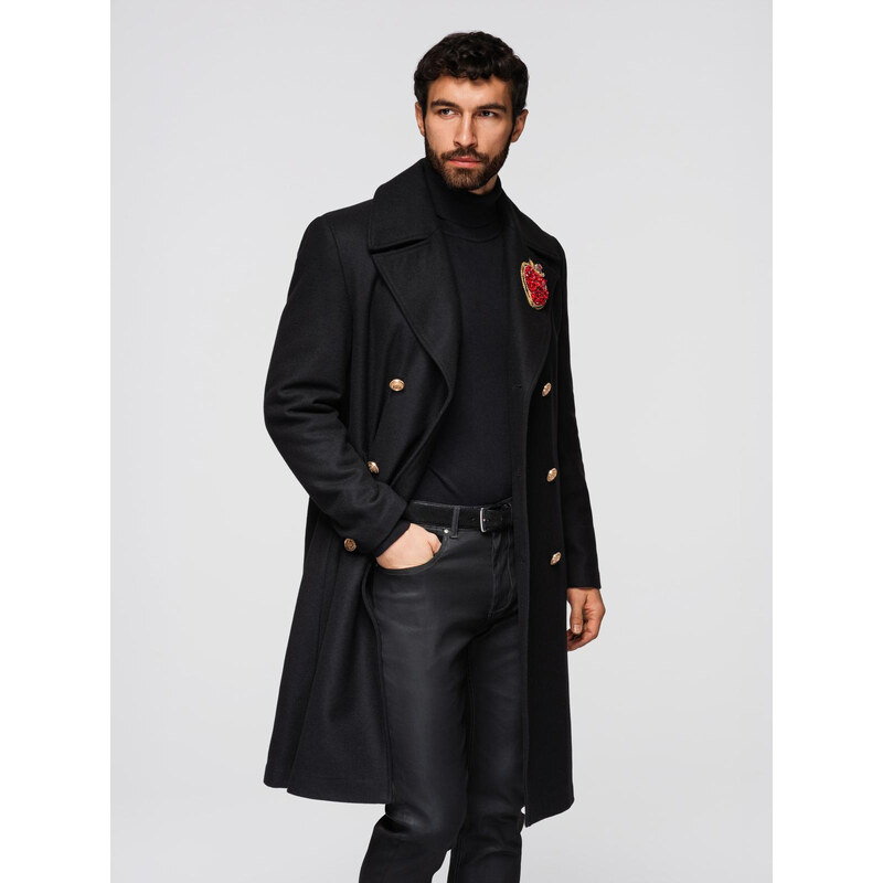 Ombre Mens double-breasted wool coat with decorative appliqués - black 66920390
