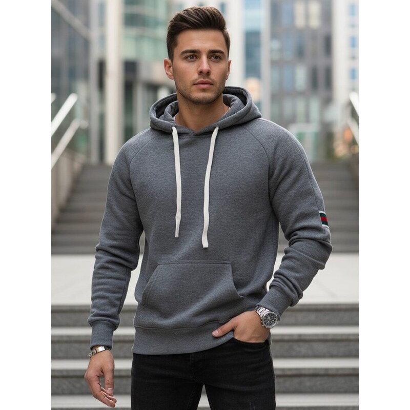 Dstreet Cool šedá pánska mikina s kapucňou a klokaním vreckom 66909964