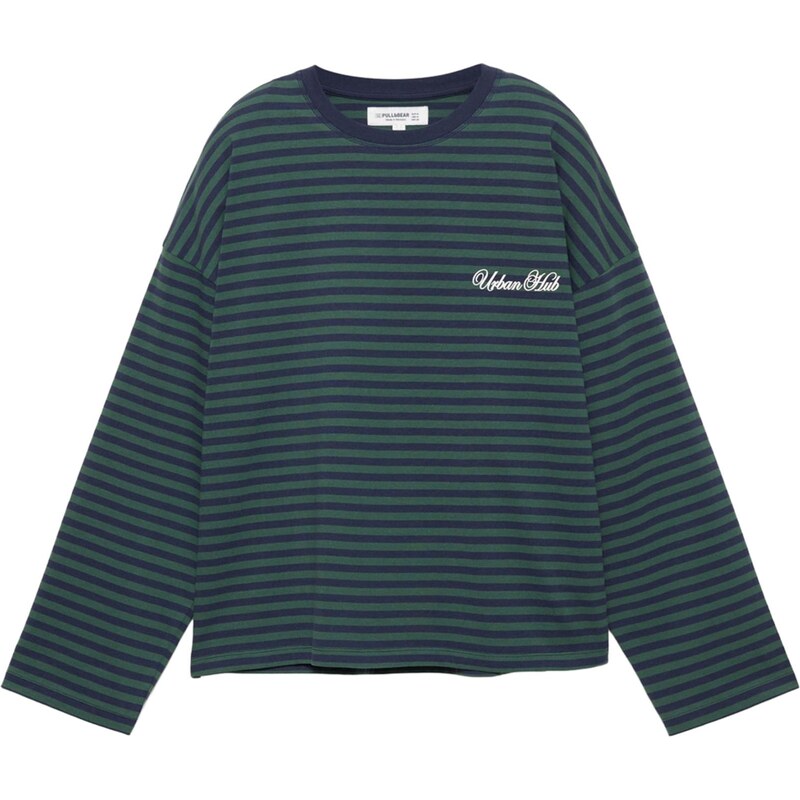 Pull&Bear Tričko PACIFIC námornícka modrá / jedľová / biela 66916599