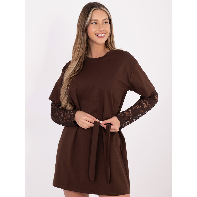 Italy Moda Hnedé mikinové šaty s čipkovanými rukávmi 66914707