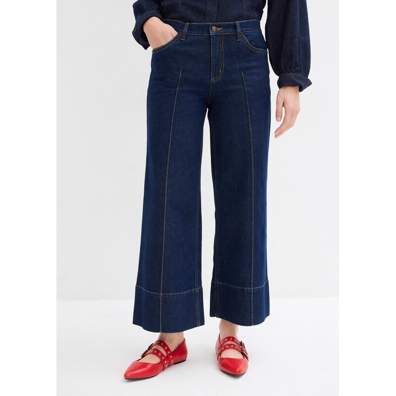 bonprix Široké džínsy, Mid Waist, cropped, farba modrá 61718773