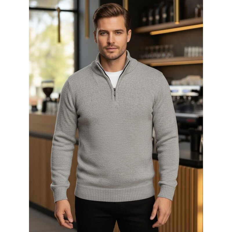 Dstreet Trendy sivý sveter pre mužov na zips 66926716