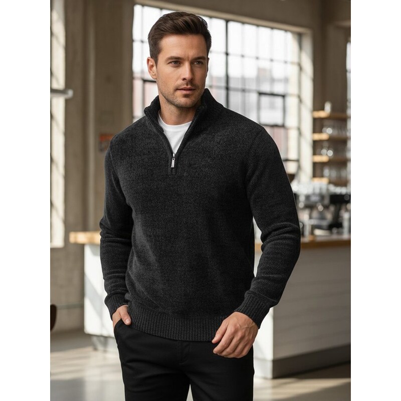 Dstreet Trendy tmavo-šedý sveter pre mužov na zips 66926717