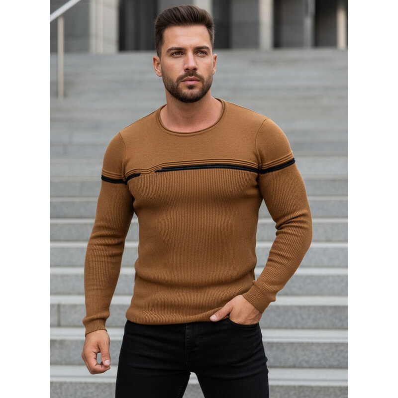 BASIC Hnedý pánsky sveter s čiernym pruhom (WX1625) 20412542