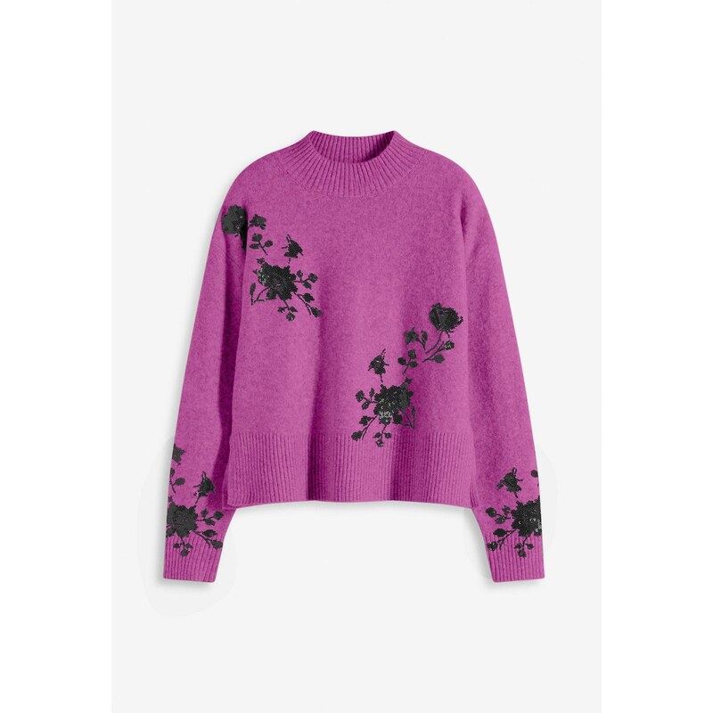 bonprix Pulóver s flitrovanou výšivkou, farba fialová 65262915