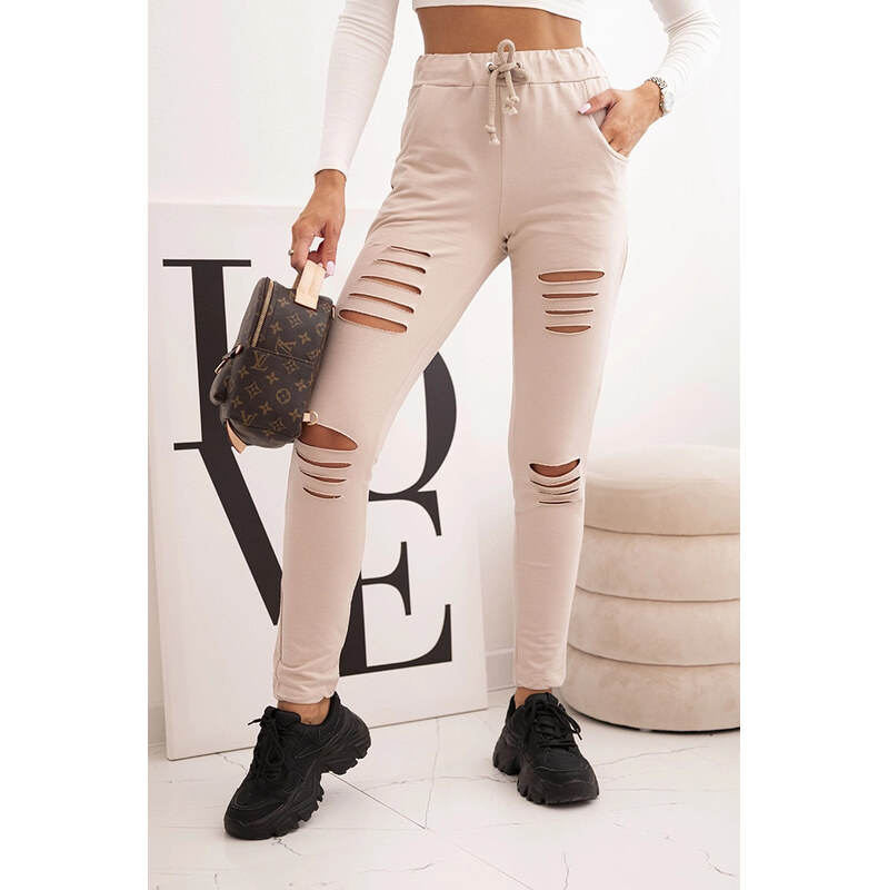 K-Fashion Dámske bavlnené nohavice s roztrhnutím a elastickým pásom 67261242