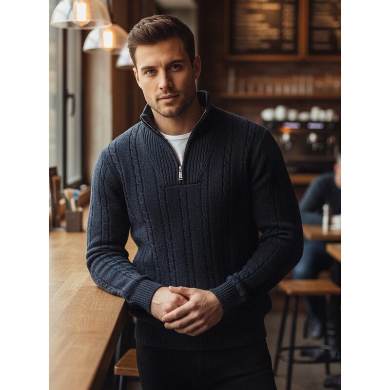 Dstreet Vzorovaný pánsky sveter so zipsom modrý 66939396