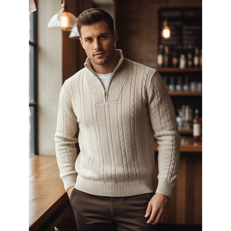 Dstreet Vzorovaný pánsky sveter so zipsom béžový 66939829