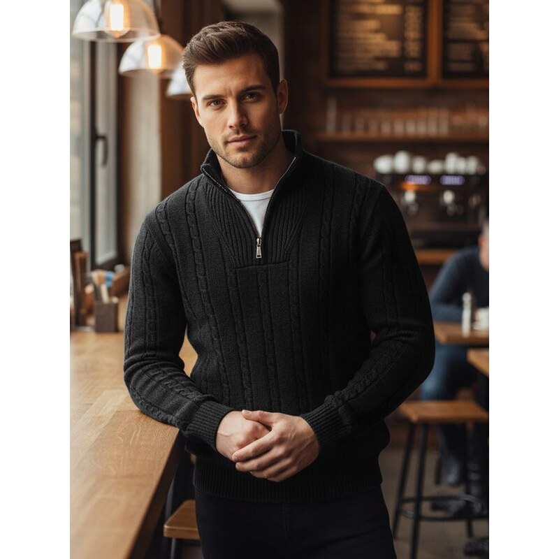 Dstreet Vzorovaný pánsky sveter so zipsom čierny 66939830