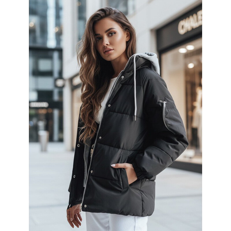 BASIC Čierna prešívaná bunda s textilnou kapucňou SPACE TY4070 47903434