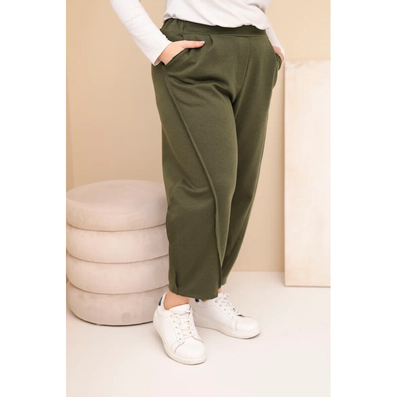 K-Fashion Dámske bavlnené nohavice s vysokým pásom v khaki farbe 66957008