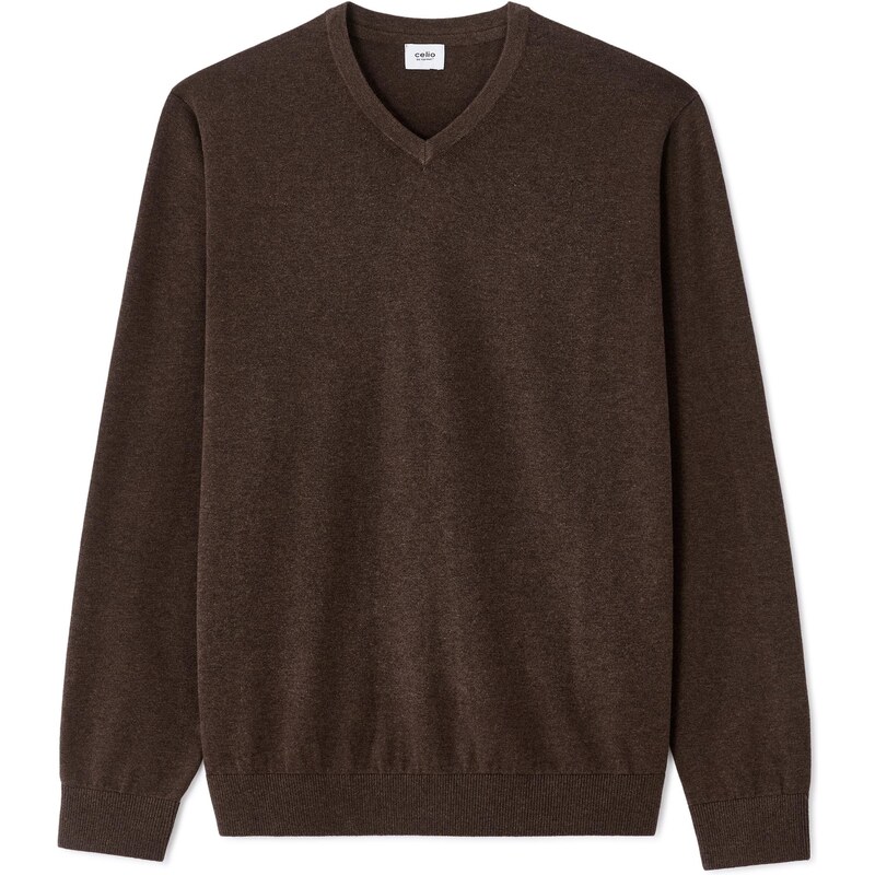 Celio Hnedý bavlnený sveter s výstrihom do V 66980356