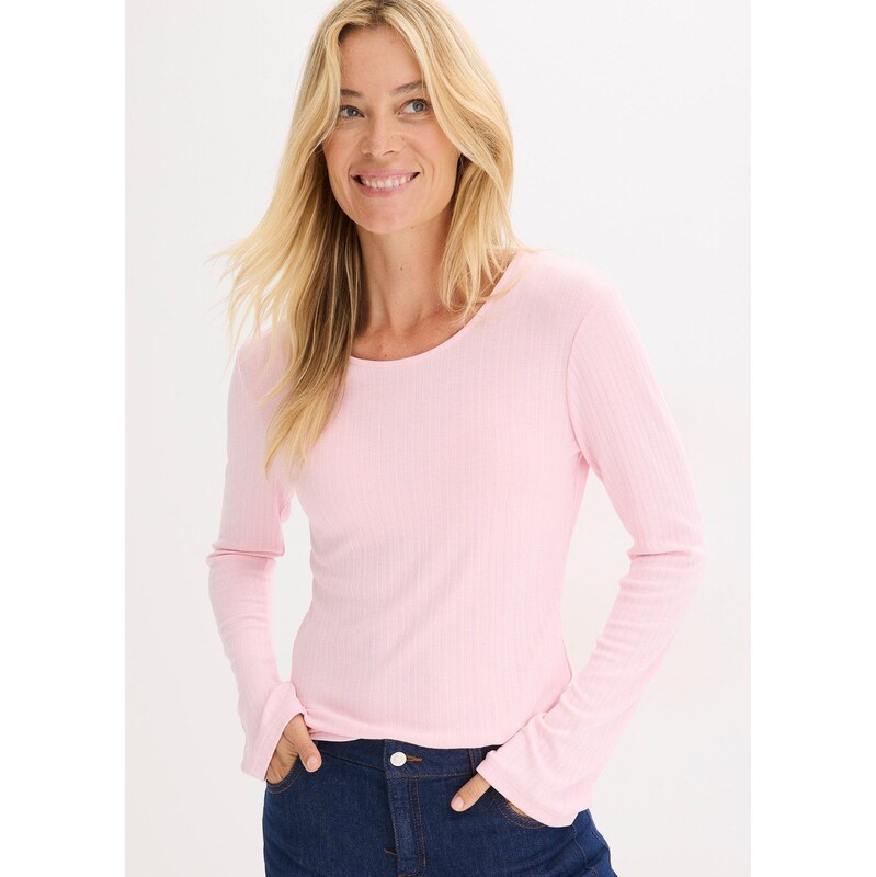 bonprix Vrúbkované tričko s dlhým rukávom, farba ružová 66995370