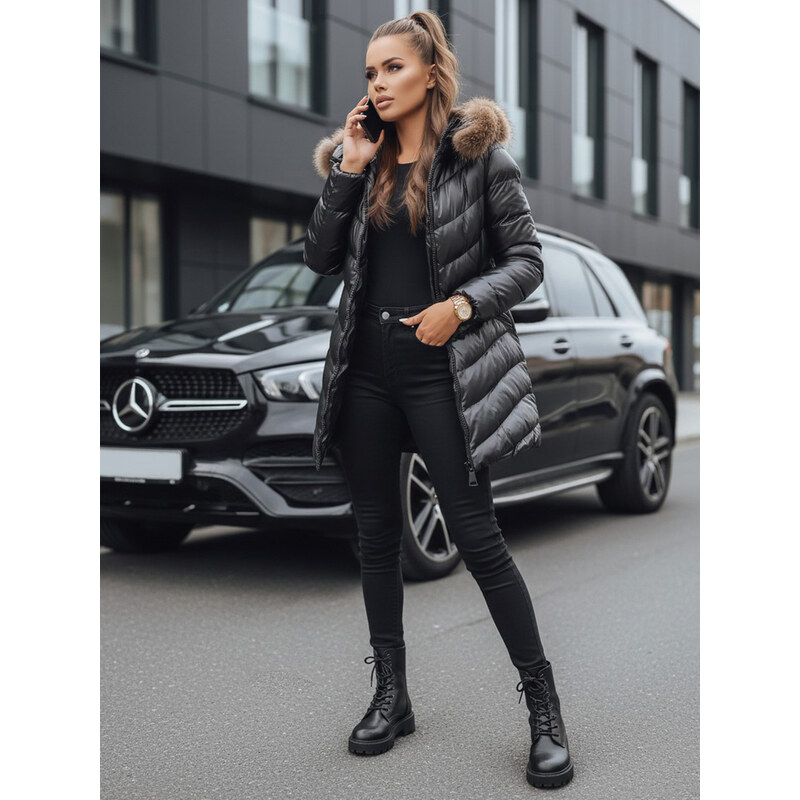 BASIC Čierna lesklá dlhá prešívaná bunda PREMIUM TY3024 34989230