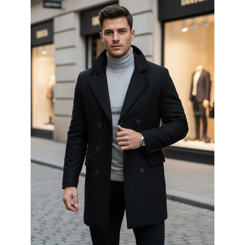 BASIC Čierny pánsky dlhší kabát CX0434 36135288