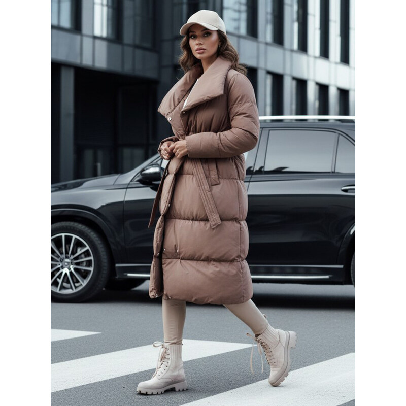 BASIC Béžová dlhá prešívaná bunda s pásikom FAVI TY4571 57275352