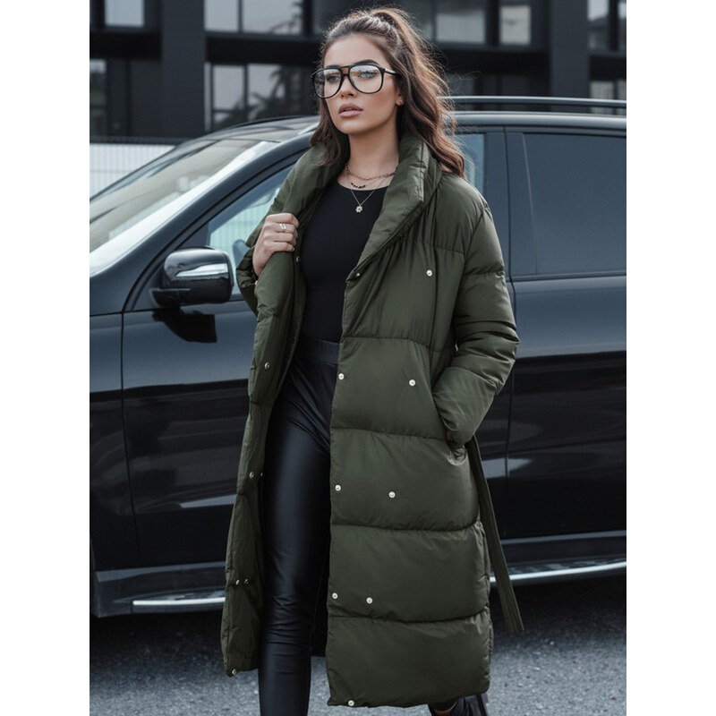 BASIC Khaki dlhá prešívaná bunda s pásikom FAVI TY4576 57275353